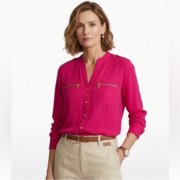 Calvin Klein Tops - Calvin Klein Fuchsia Pink Gold Button Down Blouse Size Small